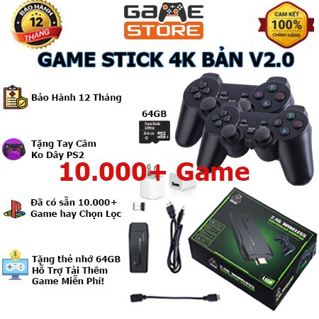 Game Stick 4K HDMI 64GB - 10000 game, điện tử 4 nút máy chơi game cầm tay không dây, Bảo hành 12 tháng