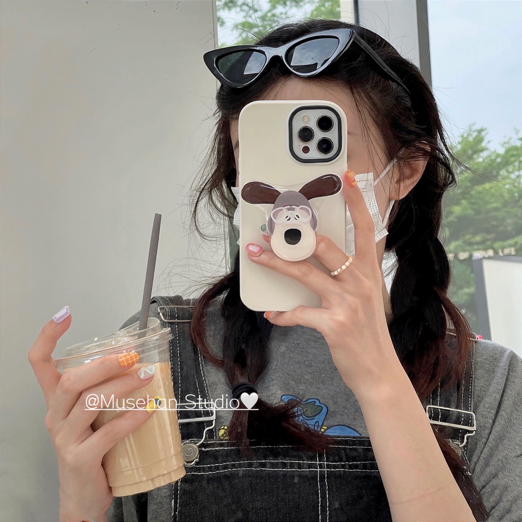 Ốp điện thoại họa tiết hoạt hình Master Dog màu trắng sữa đơn giản kèm giá đỡ cho iPhone 12 13ProMax