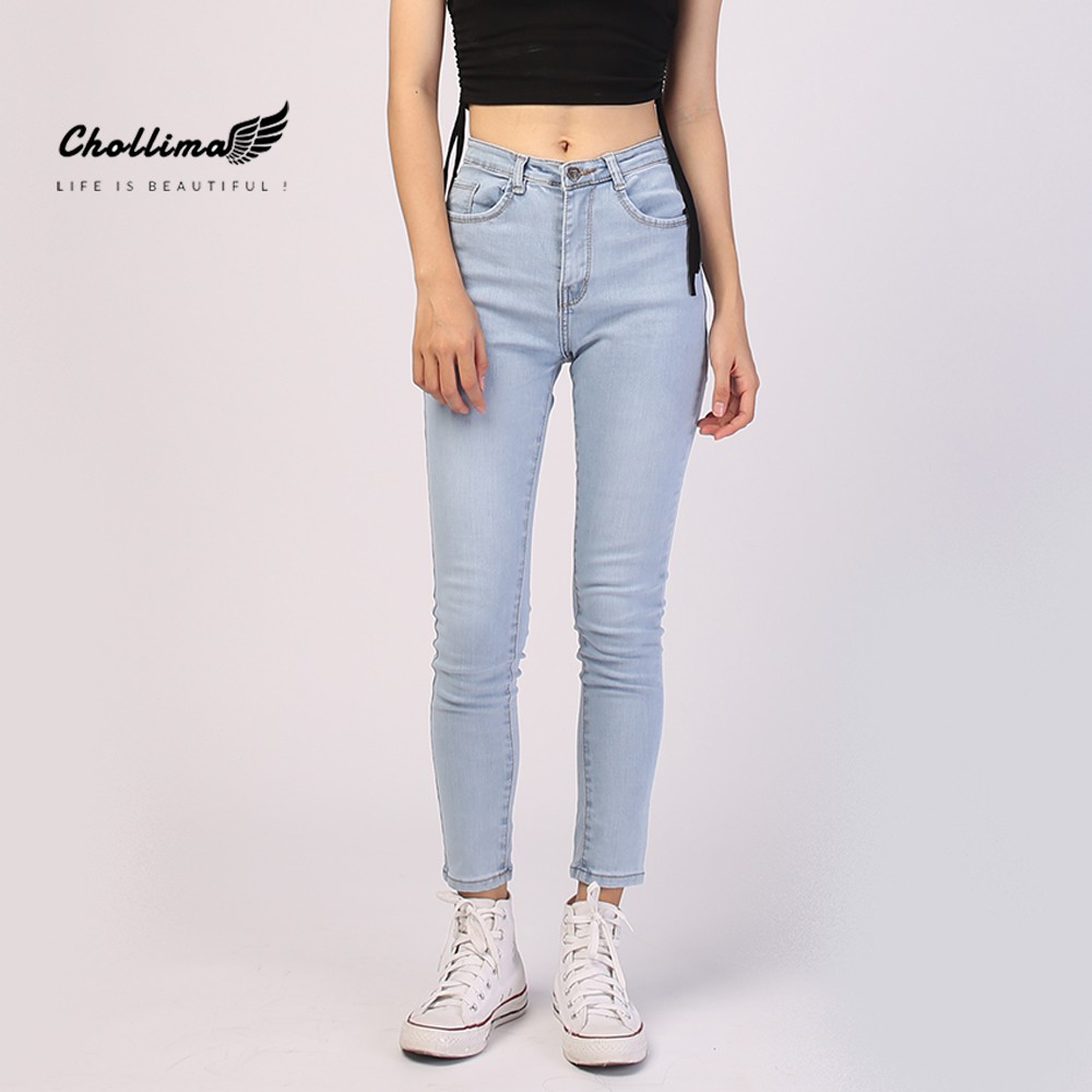 Quần jeans dài nữ co giãn Chollima trơn màu xanh trắng QD024 quần bò nữ thumbnail