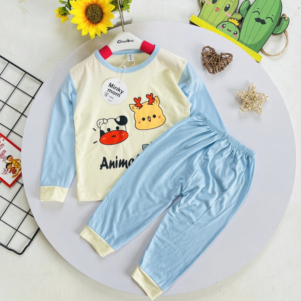 Bộ Dài Tay Thun Lạnh Minky Mom In Hình Động Vật Bo Chun Phối Tay Dễ Thương Cho Bé