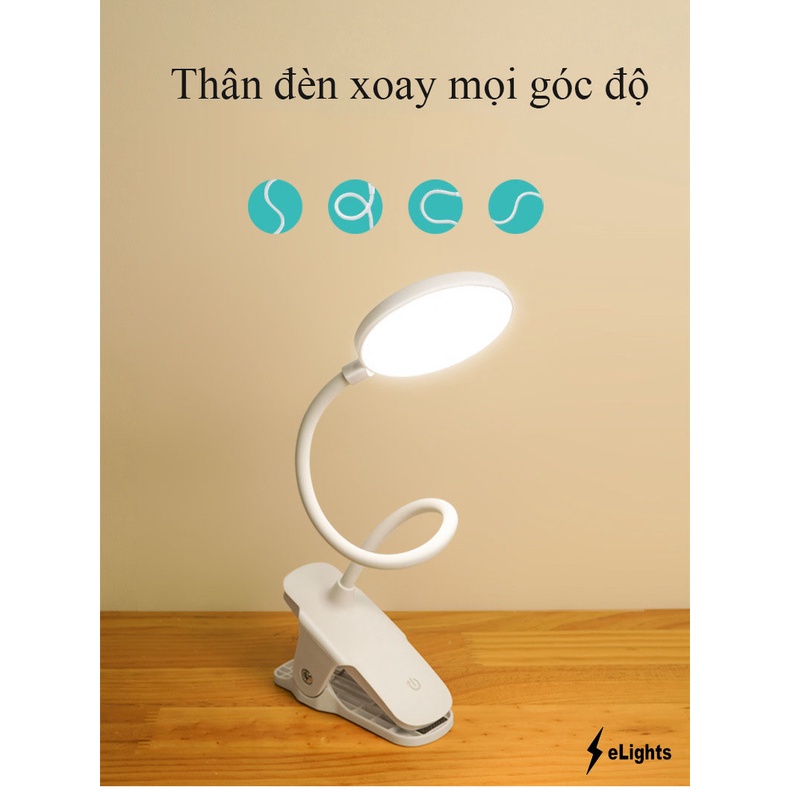 Đèn Kẹp Bàn Học Để Bàn Đọc Sách, Làm Việc Elights – 03 Mức Độ Ánh Sáng Vàng Bảo Vệ Mắt Chống Cận Pin 2500 mAh eLights