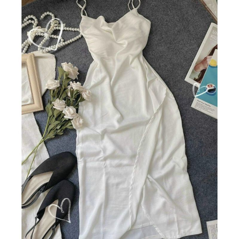 Đầm Lụa Hai Dây Cổ Đổ Xẻ Đùi Tôn Dáng