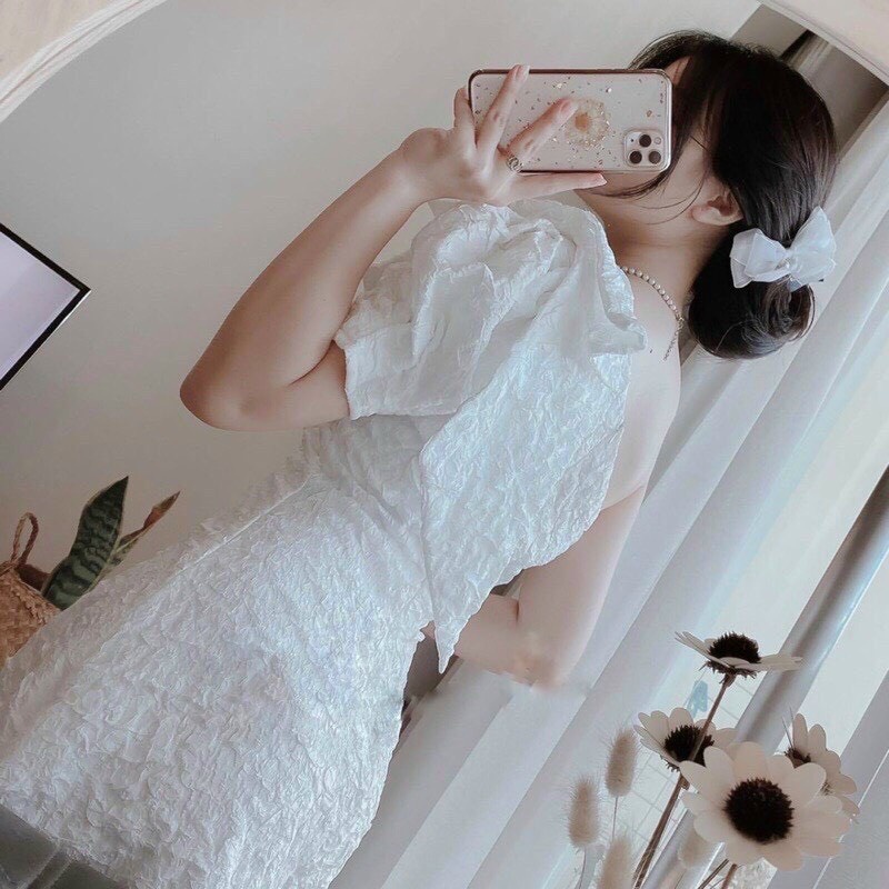 đầm gấm xốp QC chữ A kiểu xẻ vai nơ