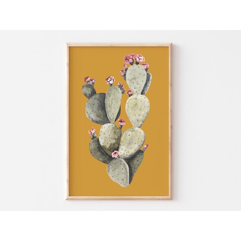 Tranh Canvas Cao Cấp  Tranh màu nước - Cactus Print, Watercolor Print, Botanical Abstract Art, Mustard Yellow Prints
