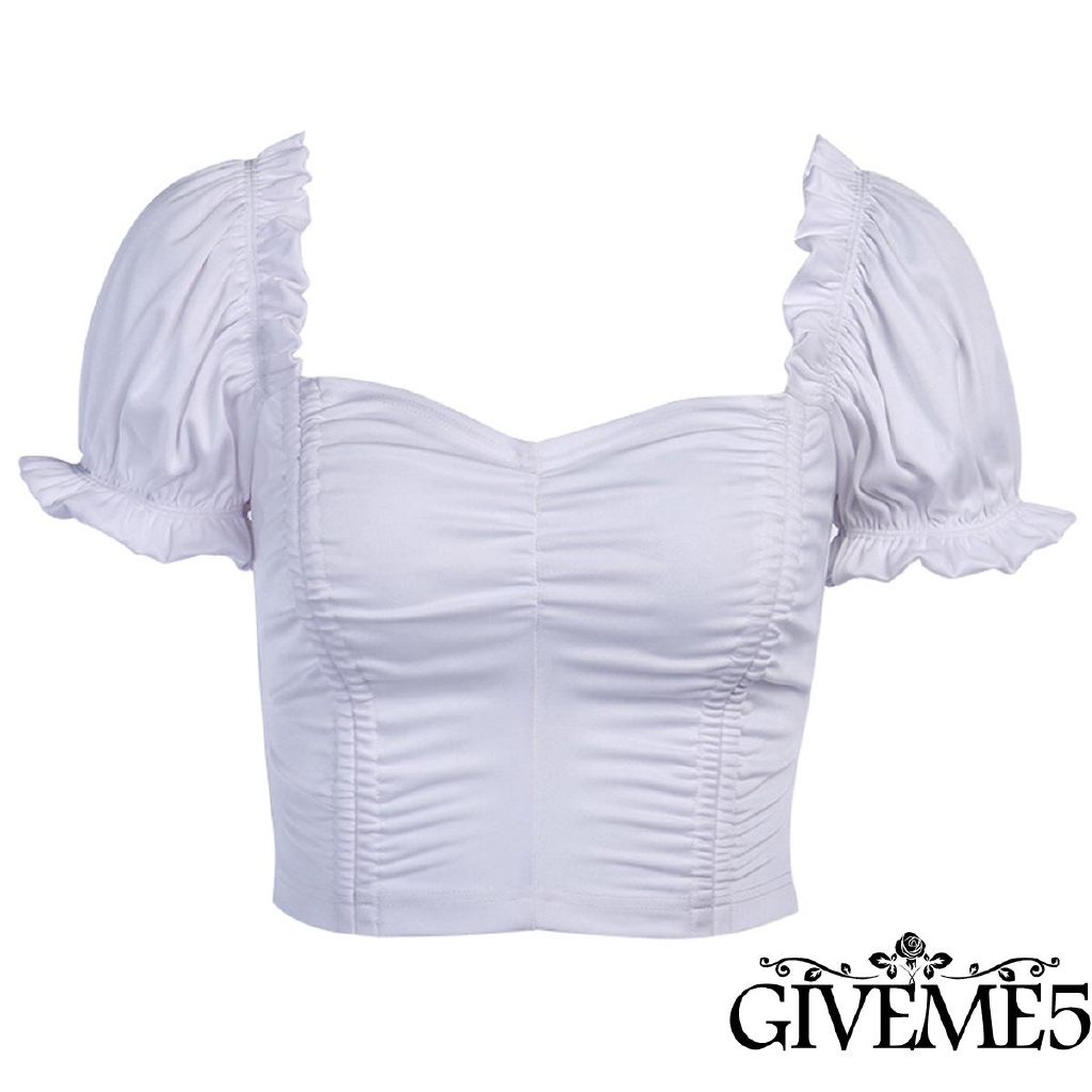 Áo Croptop Tay Ngắn Phối Bèo Màu Trơn Thanh Lịch