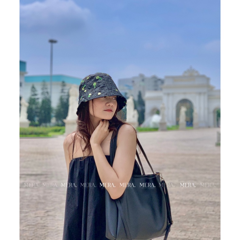 Mũ bucket hoa nền đen, mũ bucket hoa vành cụp phong cách Hàn Quốc - MERA Accessories