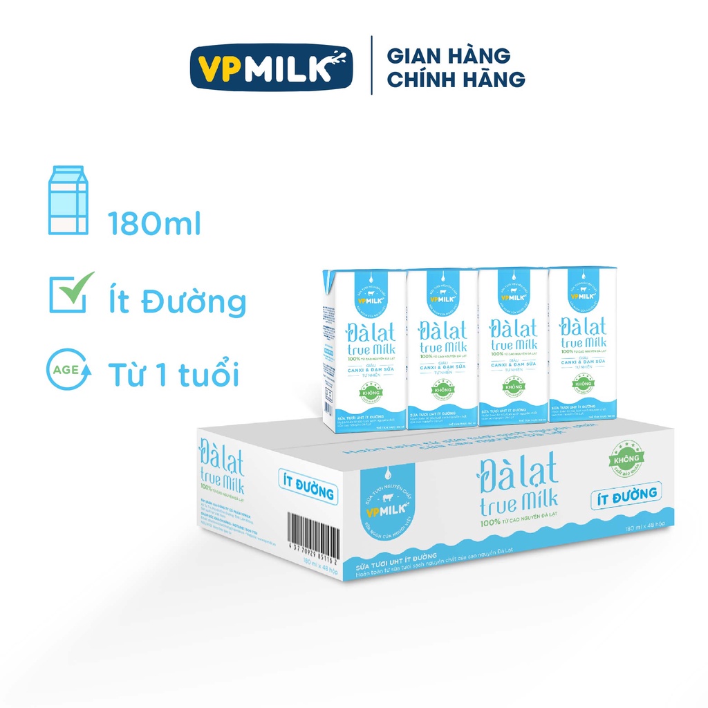 {12 lốc 180ml ít đường} Sữa Tươi Đà Lạt True Milk, Sữa Tươi Giàu Canxi, Đạm Sữa Tự Nhiên