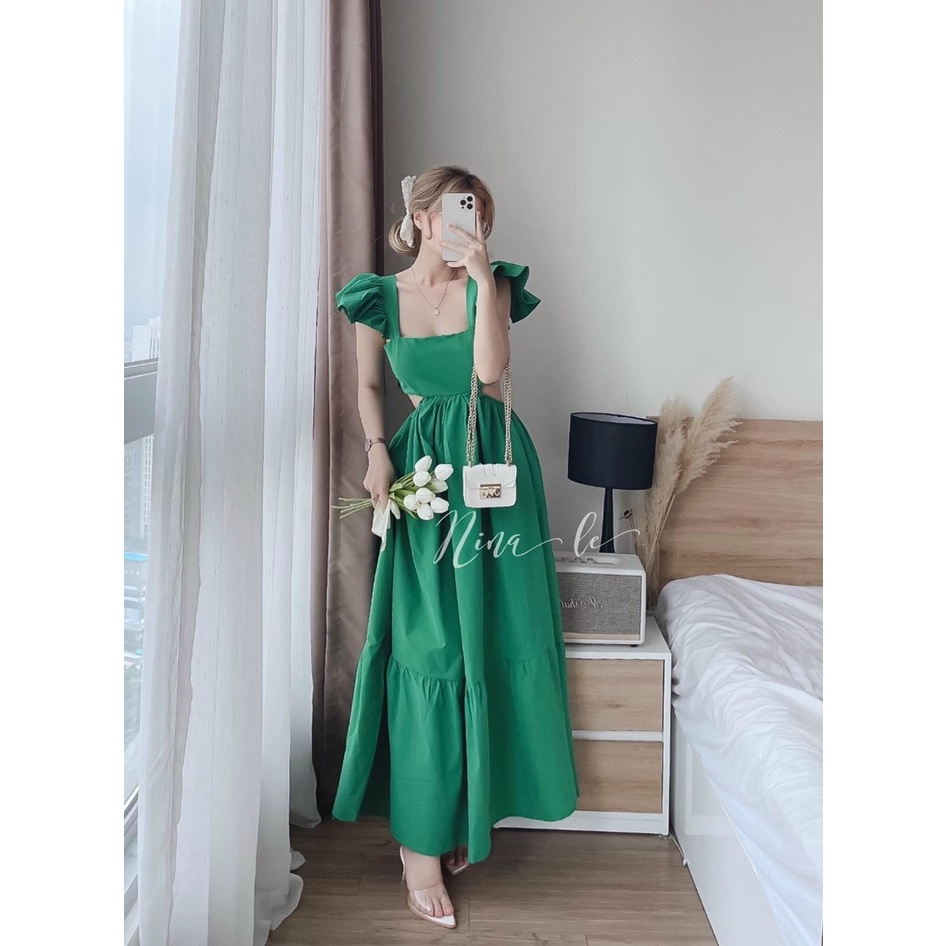 Váy đầm nữ maxi dáng xòe hai dây cánh tiên cột nơ lưng