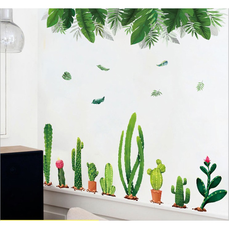 Decal dán tường trang trí nhà cửa [LOẠI 1] combo giàn lá 3D và xương rồng đẹp - chất liệu nhựa PVC vinyl cao cấp