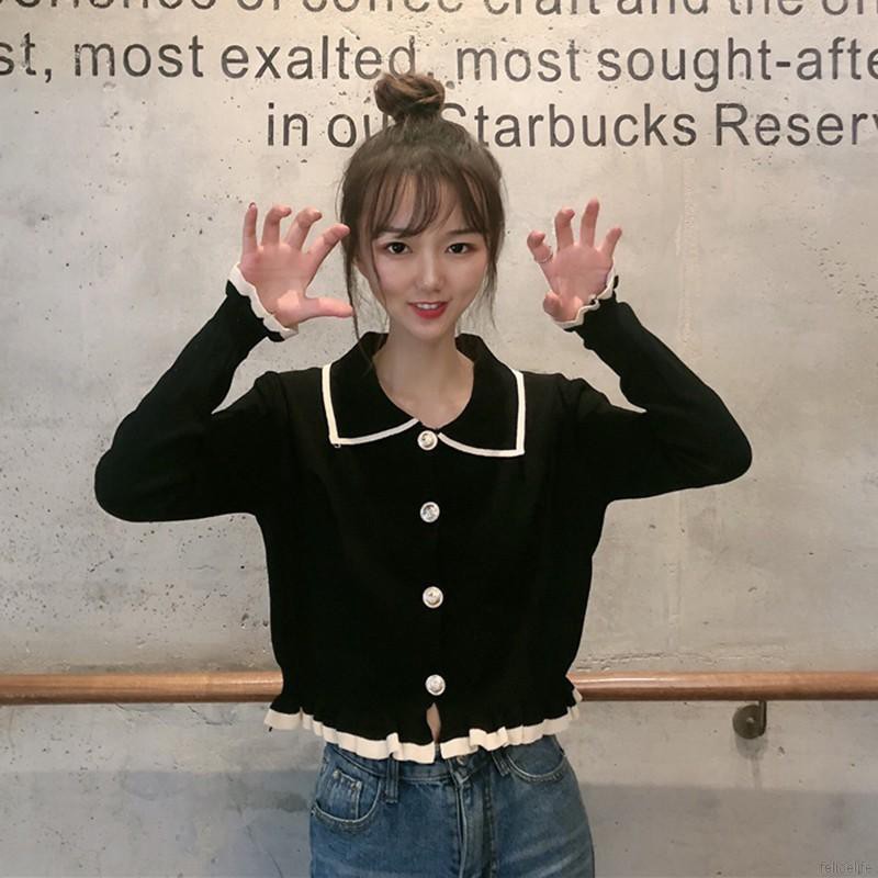 Áo cardigan có hàng nút đơn phối nhún bèo màu sắc thời trang