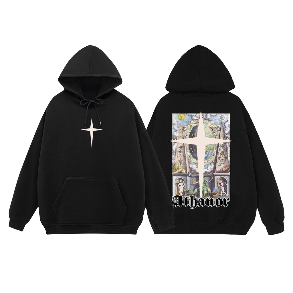 Áo hoodie local brand ATHANOR chất nỉ bông 100% cotton premium form rộng tay bồng mẫu orbit màu đen và xanh lá