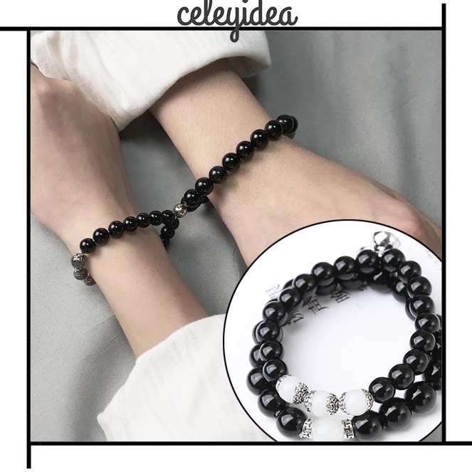 Set 2 Vòng Tay Chuỗi Hạt Đá Obsidian Tự Nhiên Màu Đen / Trắng Cổ Điển Thời Trang Cho Cặp Đôi