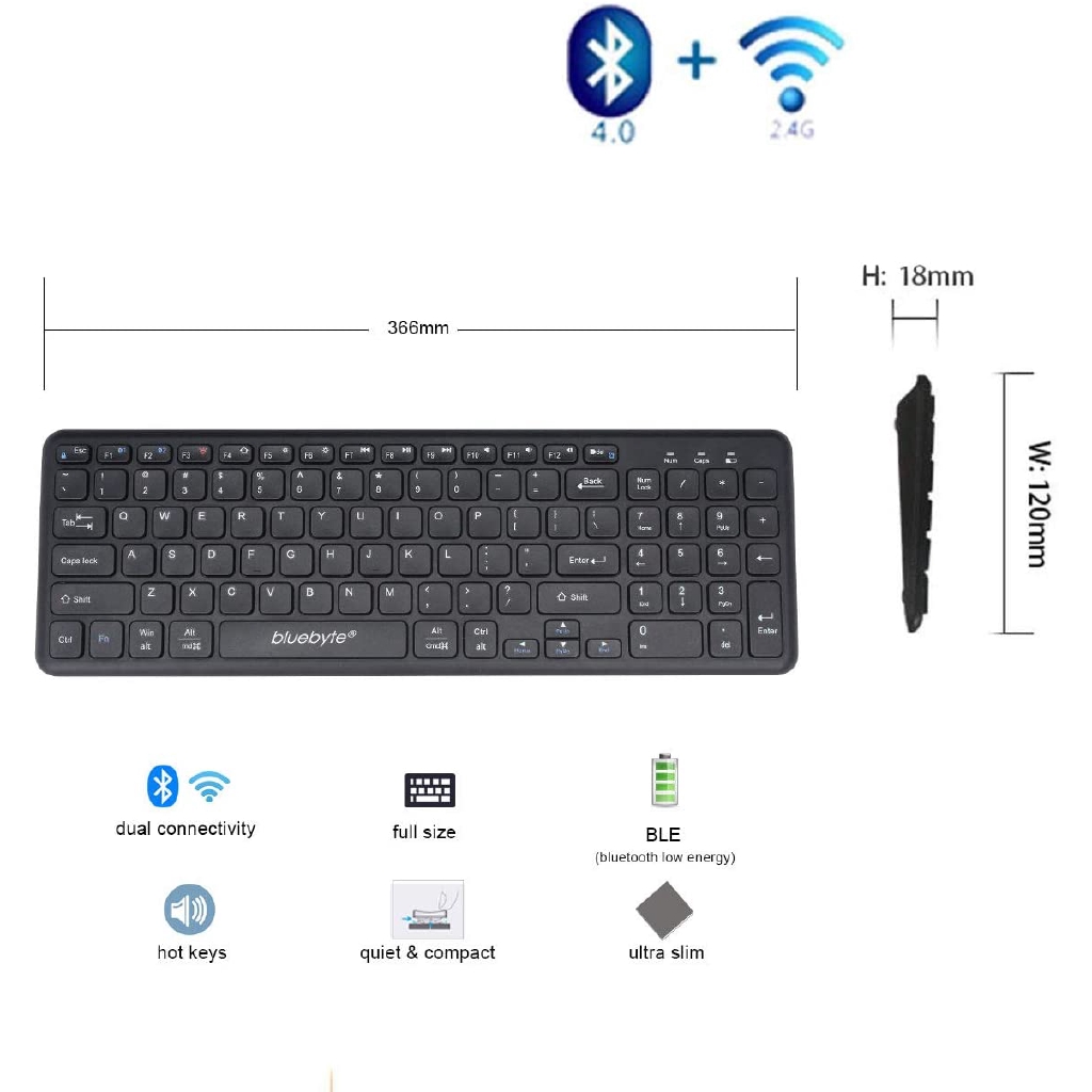 Bàn Phím Bluetooth 4.0 Không Dây Siêu Mỏng Nhiều Tần Số Trọng Lượng 4.0 Le Và 2.4g Màu Đen Cho Windows Pc / Ipad / Mac