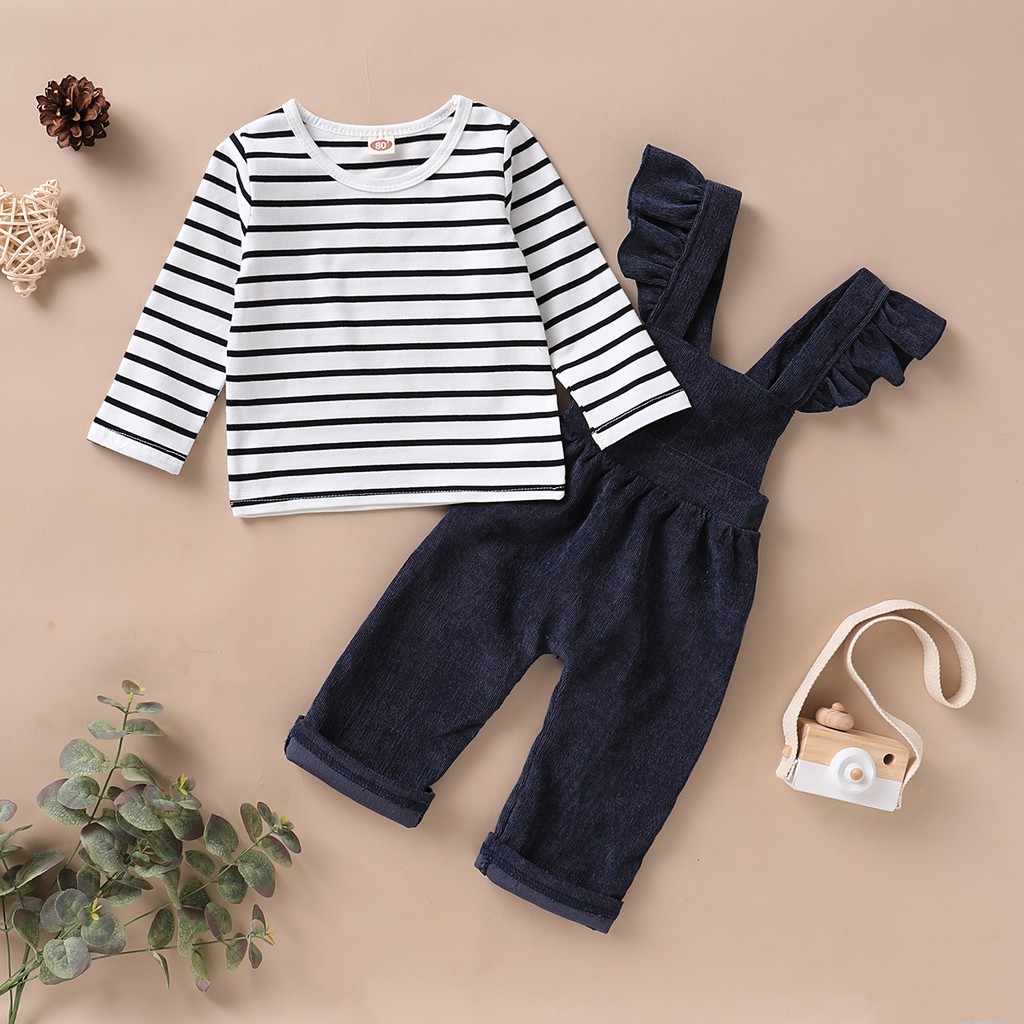 Bộ trang phục MIKRDOO áo tay dài hoạ tiết kẻ sọc và quần có dây đeo vai cotton thời trang mùa thu xinh xắn cho bé gái