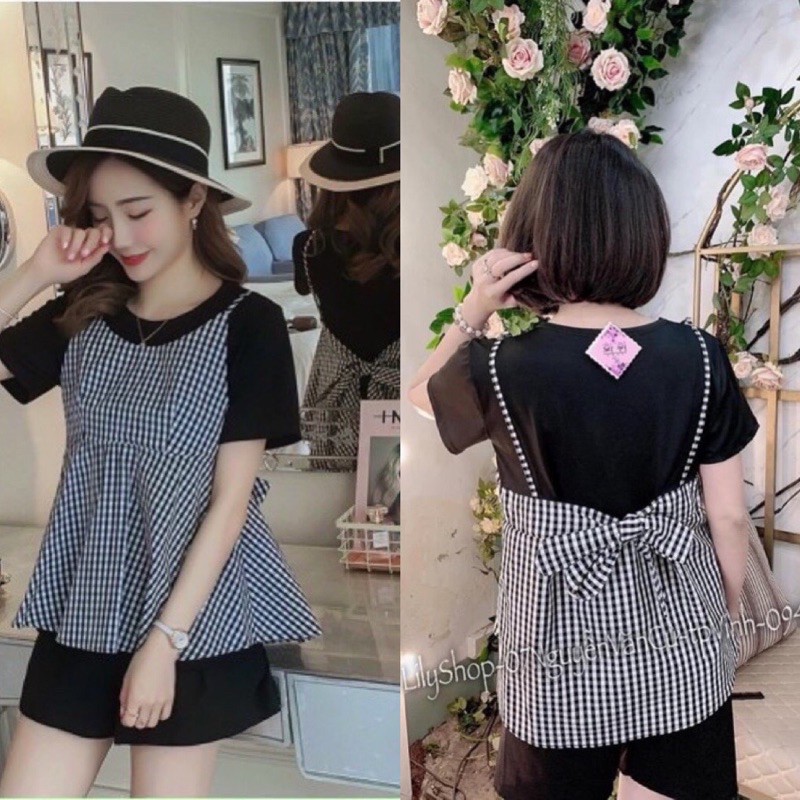 Bộ bầu chất đũi hàn kẻ caro, dáng babydoll, đen, mềm, siêu mát, thấm hút mồ hôi, free size 43~70kg