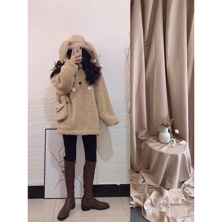 Áo Hoodie Lông Tai Thỏ Cực Cute Form Rộng, Áo Hoodie Nữ Chất Liệu Lông