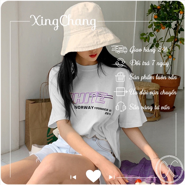 Áo thun tay lỡ dáng rộng cổ tròn trắng đen cho nữ chất cotton mịn mát in ngực White mã TL.656