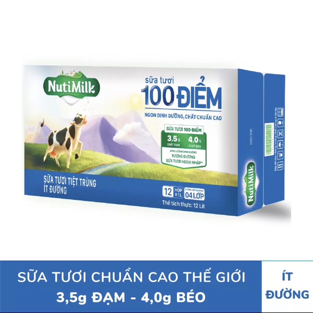 Thùng 12 Hộp Sữa Tươi  Tiệt Trùng 100 Điểm Ít Đường Nutimilk 1lít