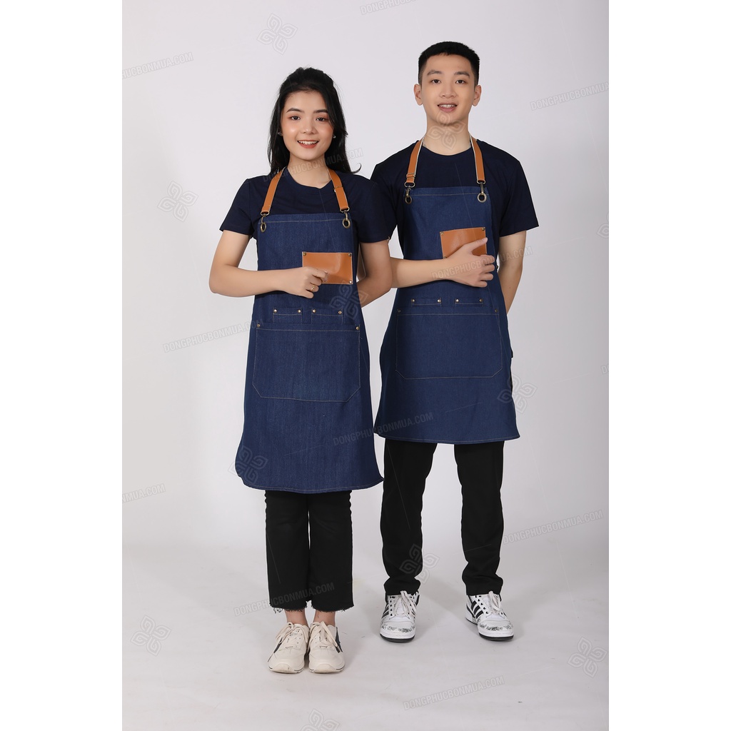 Tạp dề quán café cho nhân viên - Vải denim bền đẹp, phối da cao cấp nhiều túi tiện lợi, dây đeo dài tùy chỉnh kích thước