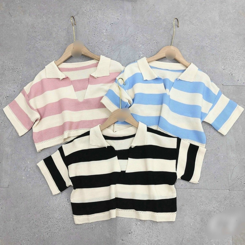 Áo kiểu croptop cổ bẻ sọc ngang cực hot , chất thun coton mềm mịn