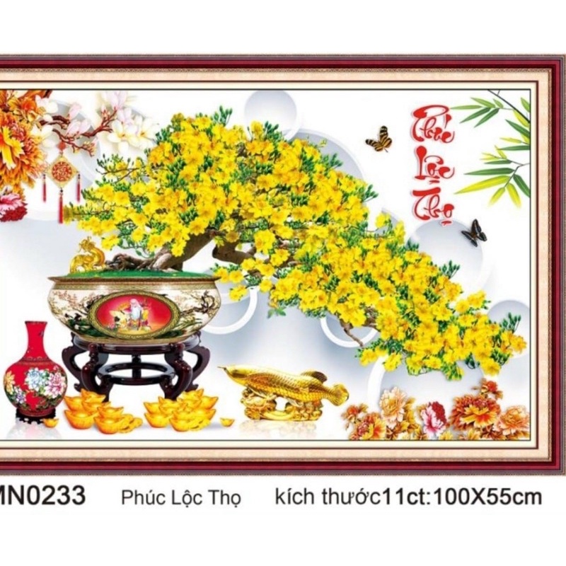 Tranh thêu chữ thập hoa mai , phúc Lộc thọ MN0233