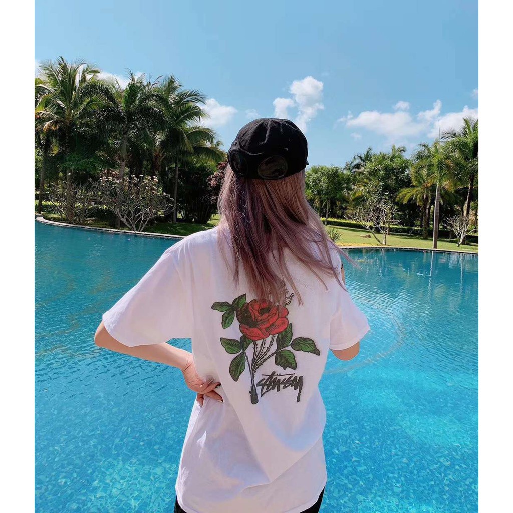 Áo thun tay ngắn cổ tròn dáng rộng in chữ Stussy thời trang cá tính dành cho nam và nữ