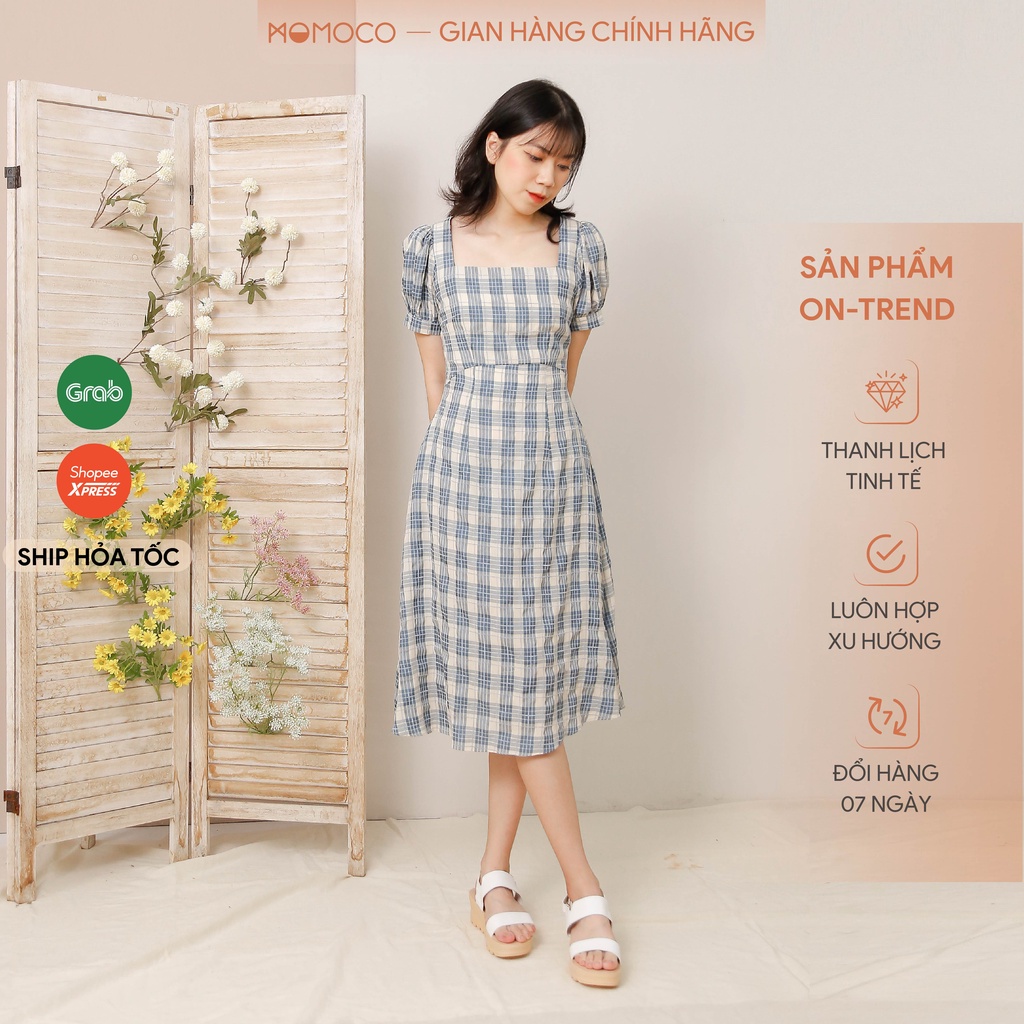 Váy Midi Cổ Vuông Tay Bồng MOMOCO Chất Thô Thiết Kế Thanh Lịch, Hiện Đại M2992