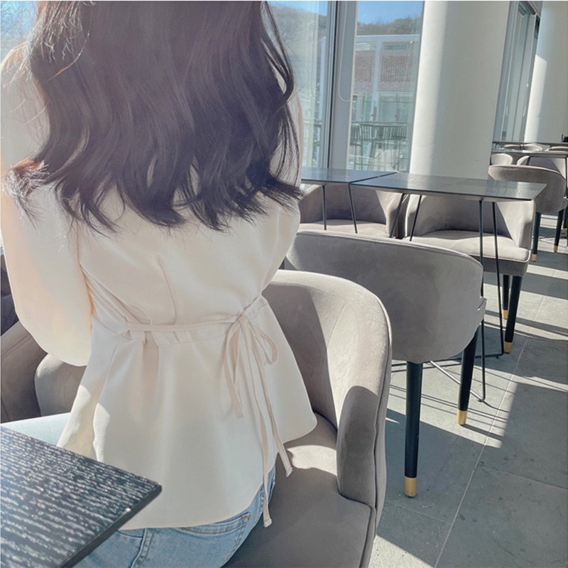 SUXI Áo Sơ Mi Tay Phồng Dài Cổ Chữ V Màu Sắc Trơn Phong Cách Vintage Hàn Quốc Cho Nữ