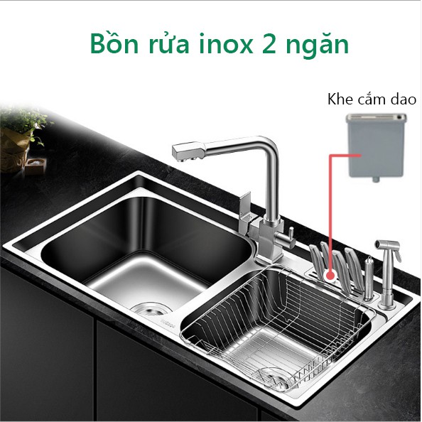 FU501 Chậu rửa chén bát, bồn rửa chén bát inox 304 không gỉ 2 ngăn có khe cắm dao, bồn rửa nhà bếp shopbenbo