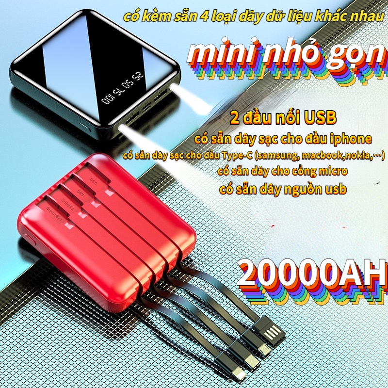 Cục sạc dự phòng có sẵn dây điện dung lượng lớn 20000mAh nguồn điện di động cho điện thoại