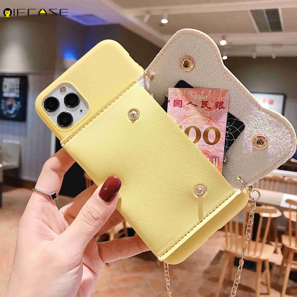 Ốp điện thoại TPU mềm màu trơn đính ví có dây đeo dạng xích xinh xắn cho iPhone 12 Mini 12 Pro Max