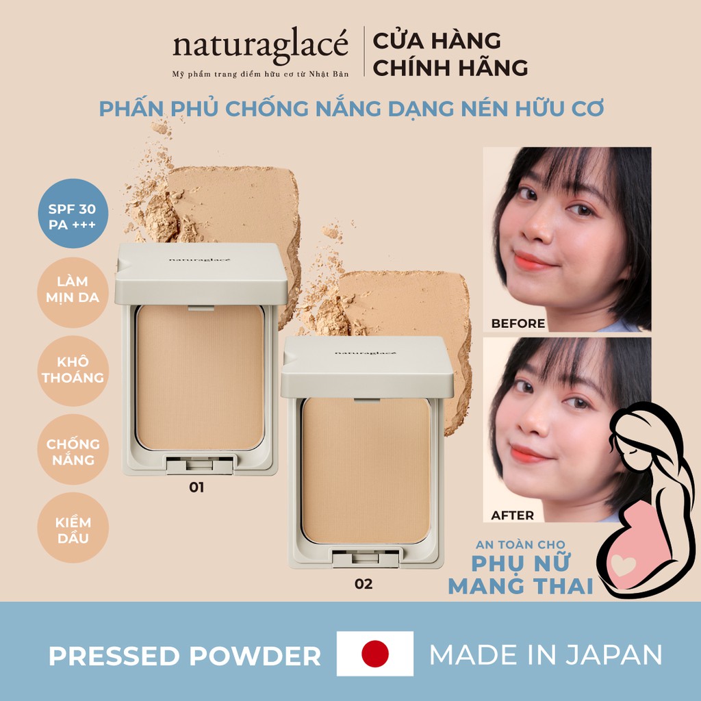 Phấn phủ hữu cơ dạng nén naturaglacé Pressed Powder (có 2 màu), kiềm dầu, chống nắng SPF30 PA+++, 12g