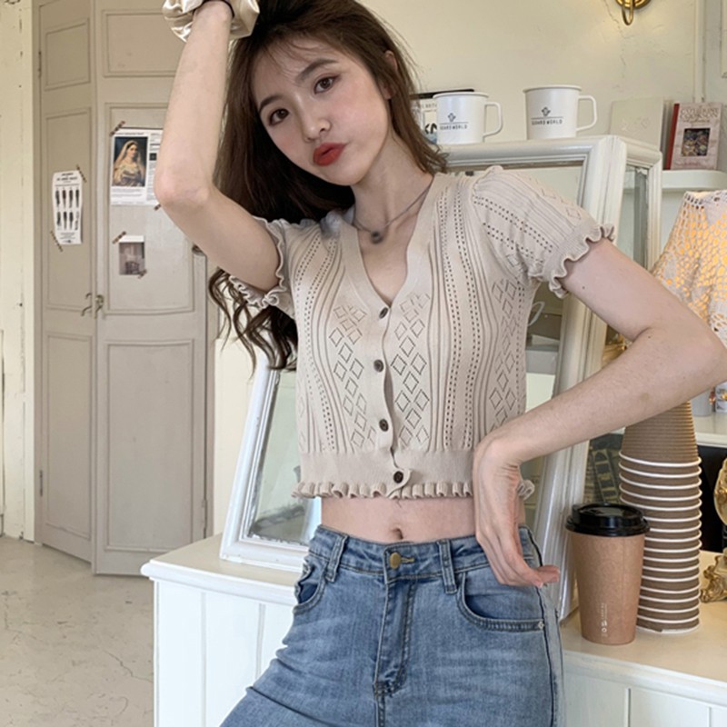 Áo Croptop Áo Dệt Kim Ngắn Tay Cổ Chữ V Phối Bèo Nhún Nữ Tính