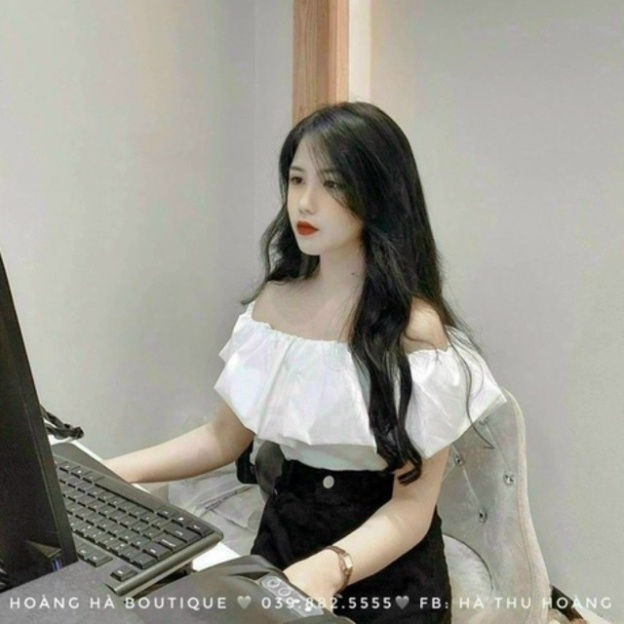 Áo trễ vai dáng ôm pha xinh xắn_036 chất mát, phom đẹp, nội y xanh