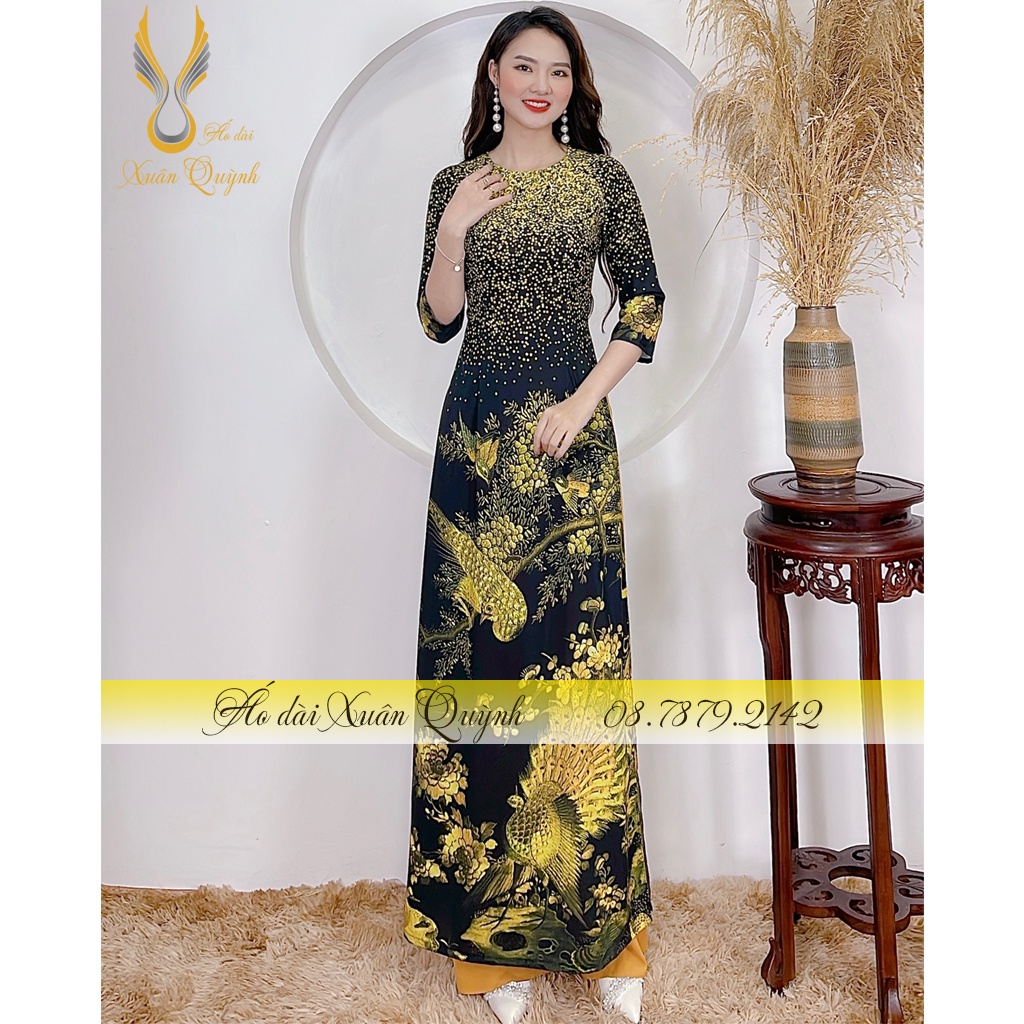 Áo Dài Phượng Hoàng Chấm Bi Sang Trọng, Lụa Habutai Mềm Mại Co Dãn K200 Đen - Áo Dài Xuân Quỳnh
