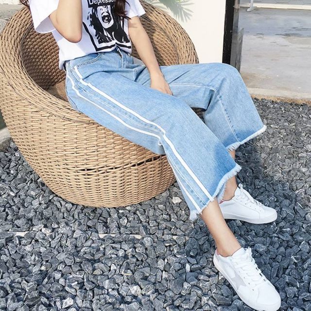 [Có sẵn]Quần jeans rộng chần viền trắng ulzzang