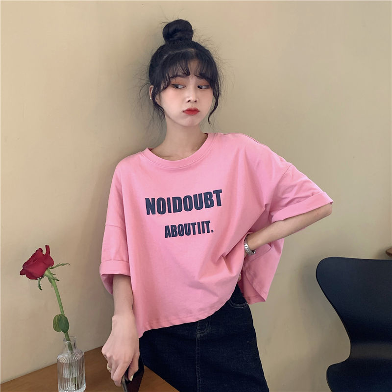 [3color] T-shirt Chic Elegant White Short Short Sleeve T-shirt Women's Ins Korean Style Printed Fashionable round Neck Pullover Top Clothes [S-2XL]]