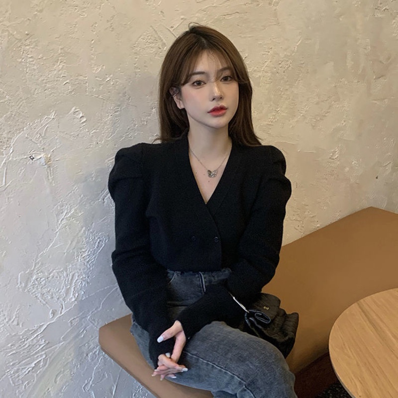 Áo khoác Cardigan dệt kim tay phồng cổ chữ V phong cách Retro thanh lịch thời trang mùa thu