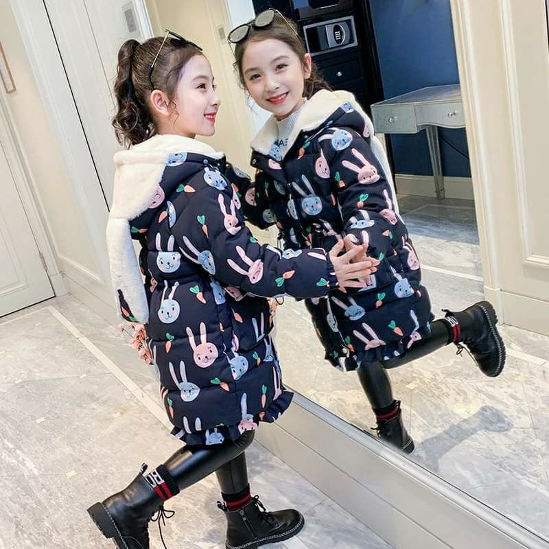 ÁO PHAO THỎ LÓT LÔNG DÁNG DÀI BÉ GÁI