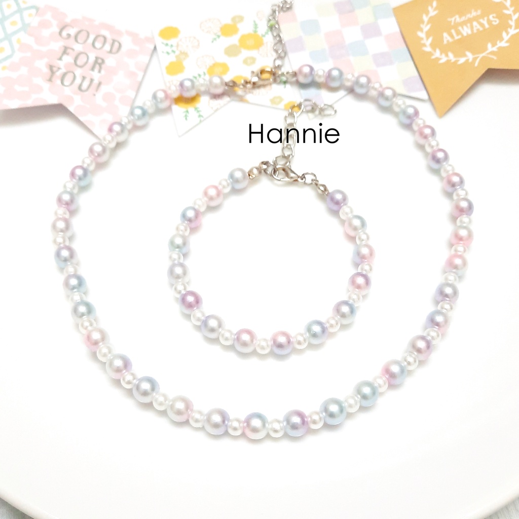 Set hạt trai 6mm màu ombre hồng xanh - Combo vòng cổ vòng tay trang sức nữ handmade đơn giản