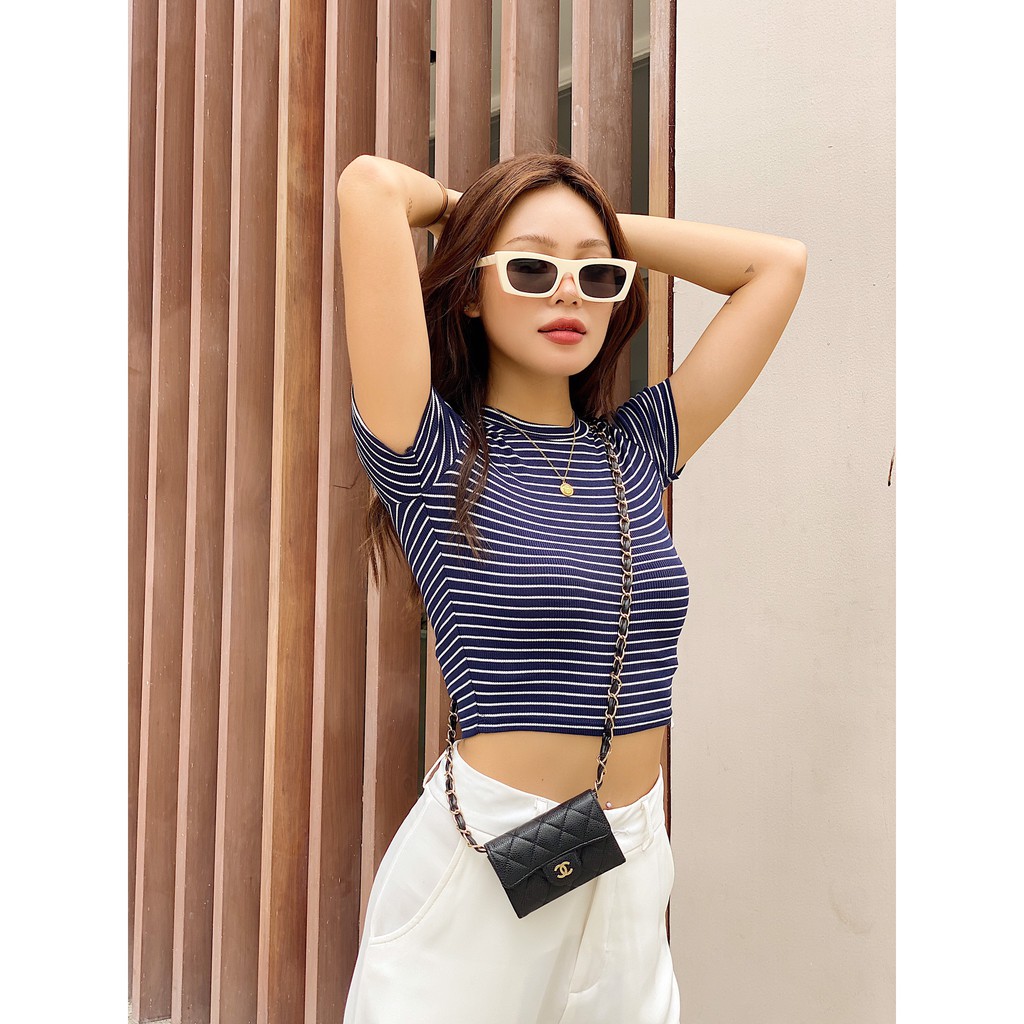 Áo thun Croptop nữ đẹp form ôm thun gân sọc ngang 6 màu