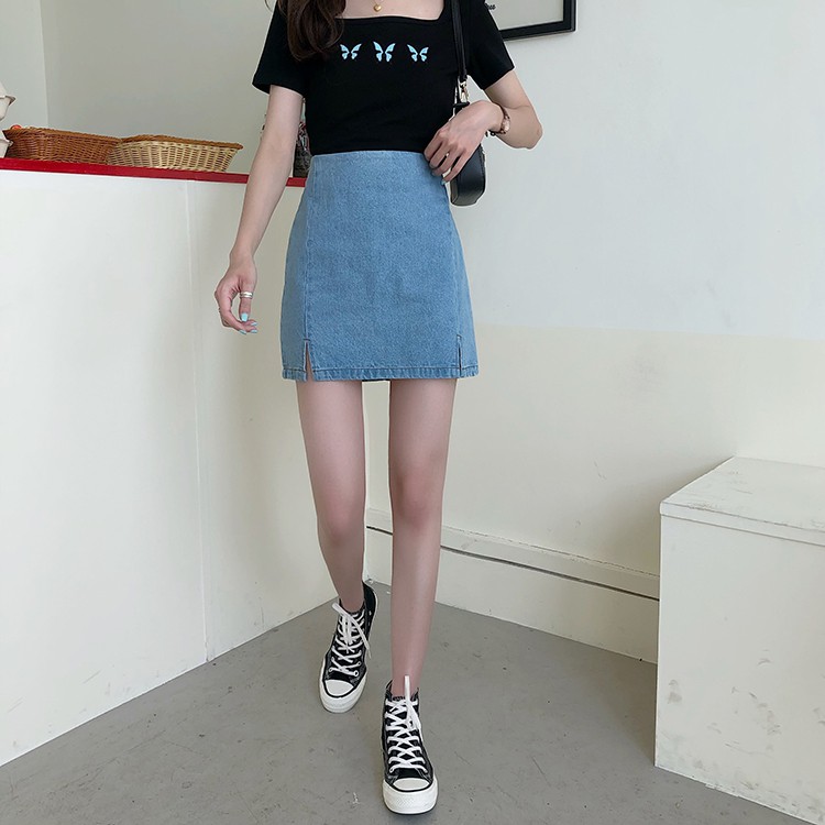 Chân váy chữ A denim màu trơn xẻ tà phong cách Hàn Quốc thời trang | BigBuy360 - bigbuy360.vn