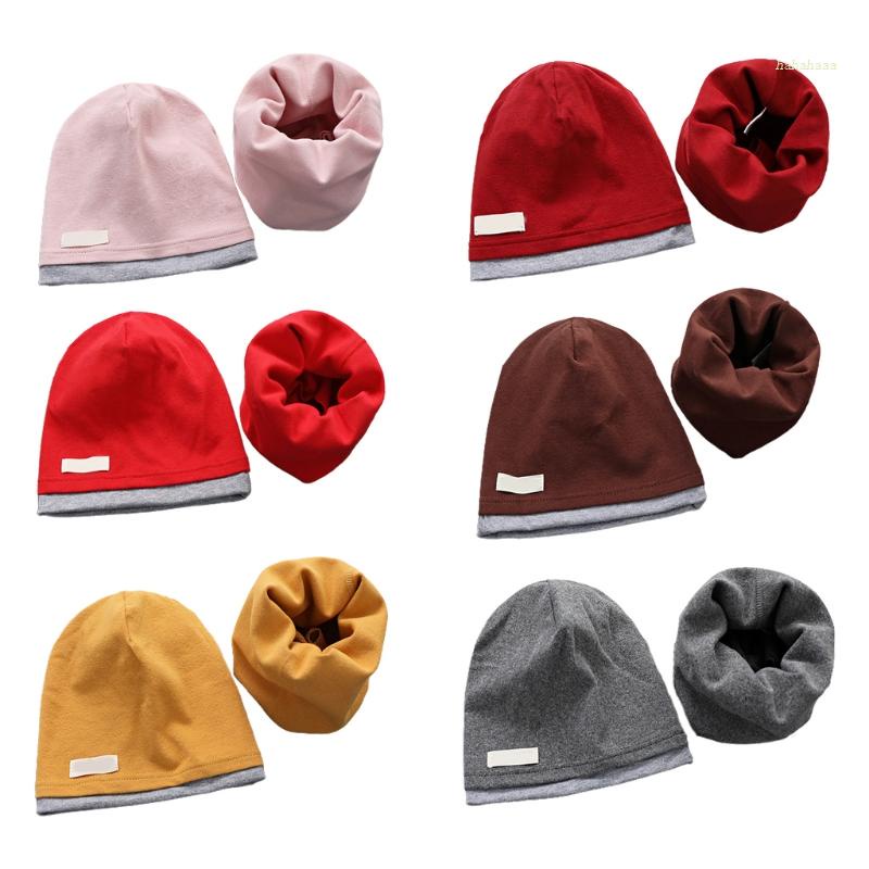 Mũ Beanie Kèm Khăn Choàng Cổ Bằng Cotton Màu Trơn Dễ Thương Cho Người Lớn Và Trẻ Em