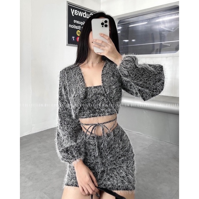 DII COLLECTION - Bộ váy thiết kế lông vũ thắt eo 3 món