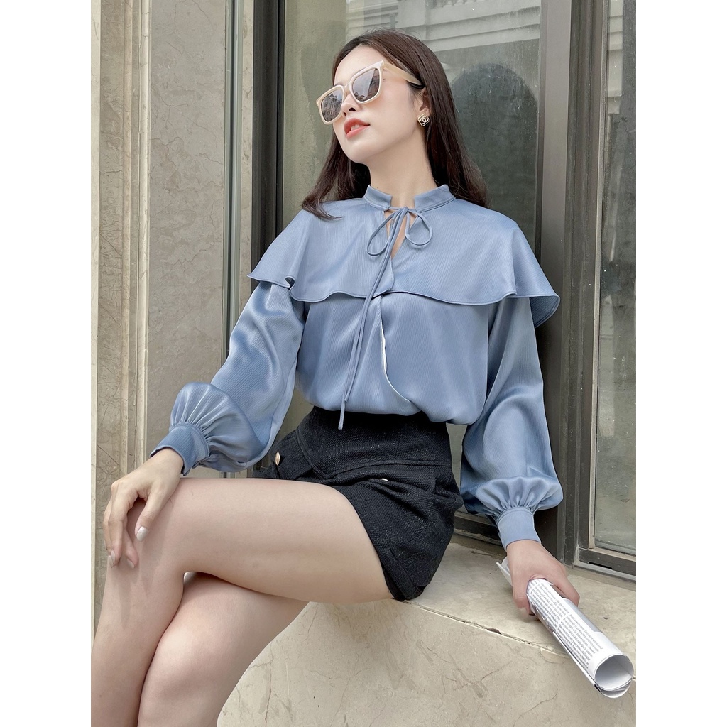 RECHIC Áo kiểu Regina cổ bèo hai vạt áo đắp chéo trẻ trung thích hợp đi làm dạo phố