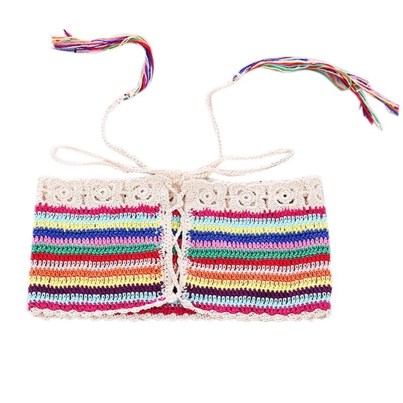 Bộ Bikini Dệt Kim Màu Cầu Vồng Thủ Công Phối Dây Rút Phong Cách Bohemian Quyến Rũ Cho Nữ