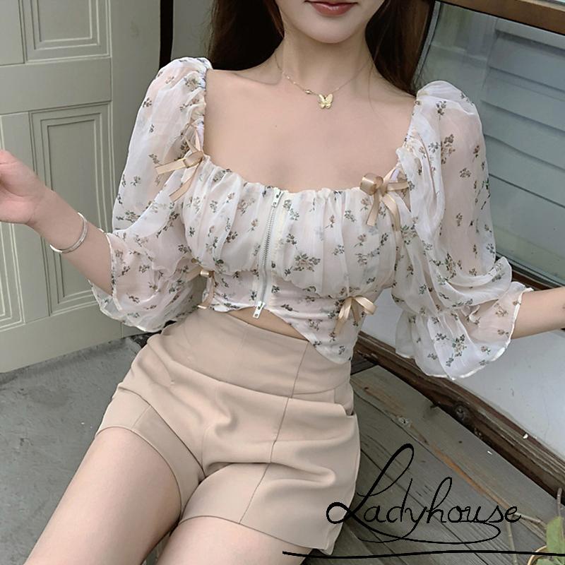 Áo croptop cổ vuông tay phồng in họa tiết hoa có khóa kéo thời trang xuân hè cho nữ