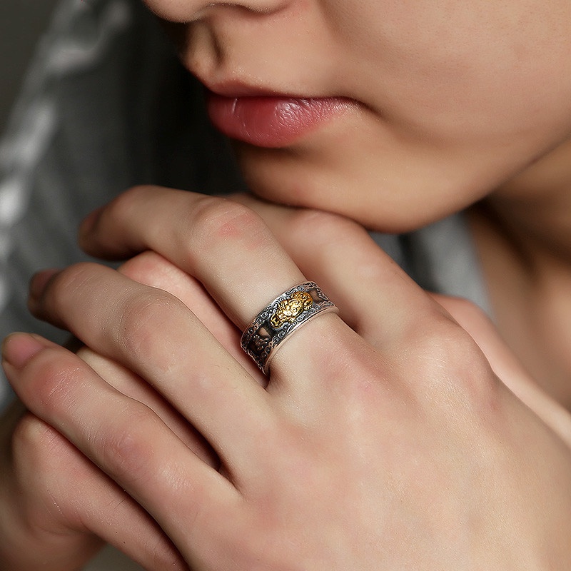 Nhẫn Phong Thủy Hình Tỳ Hưu Cổ Điển Có Thể Điều Chỉnh Kích Thước Thời Trang Unisex