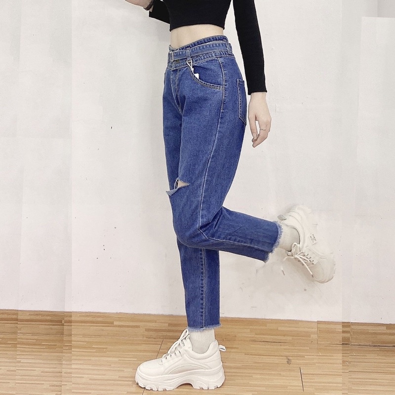 Quần baggy nữ cạp cao ống suông cắt lai cá tính phong cách Hàn quốc M Fashion 3174