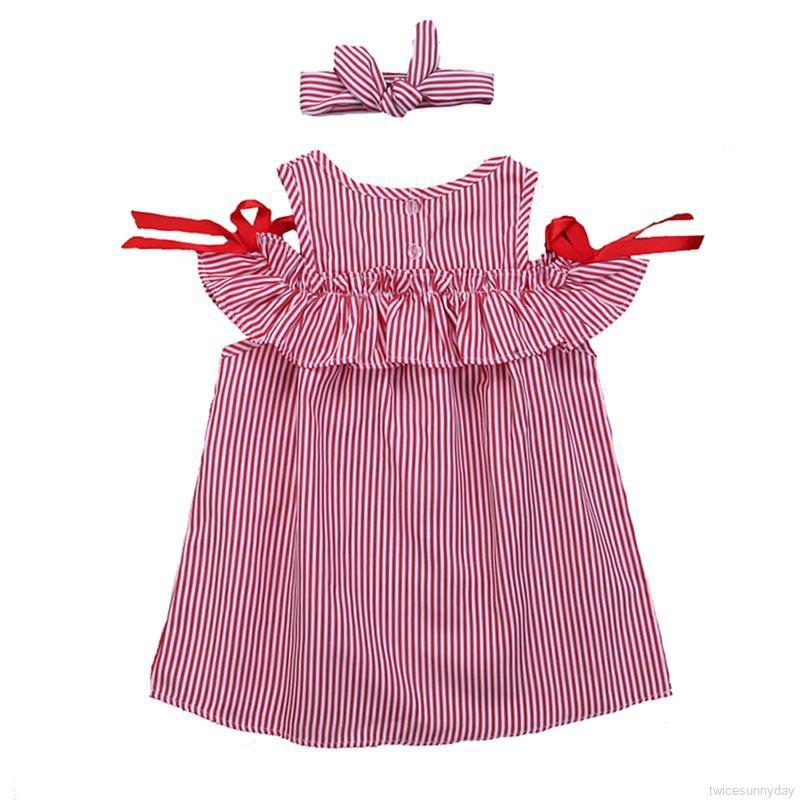 Đầm kẻ sọc thắt nơ + băng buộc đầu cho bé gái